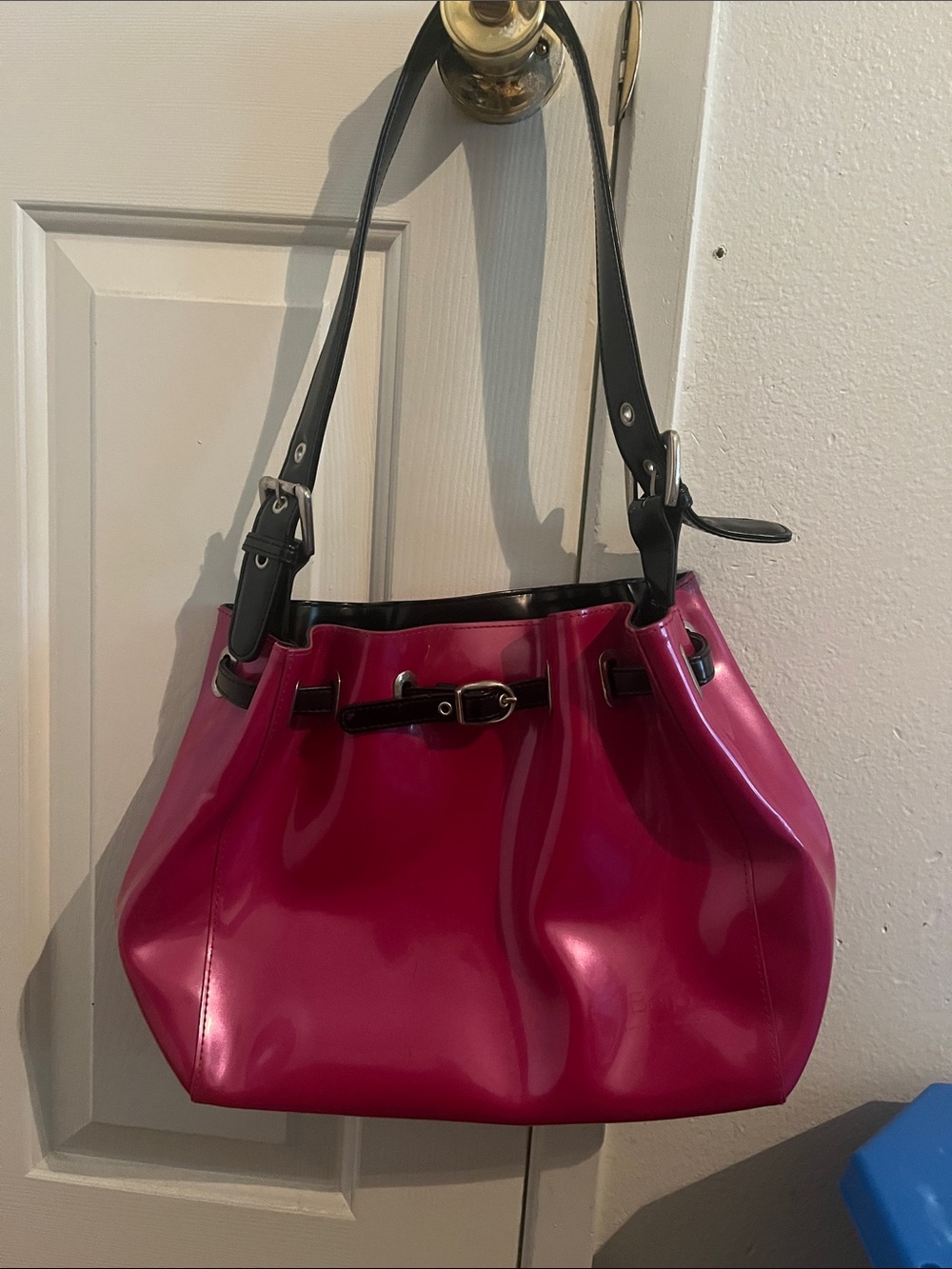 Beijo Hot Pink Patent Shoulder Bag with Black Straps